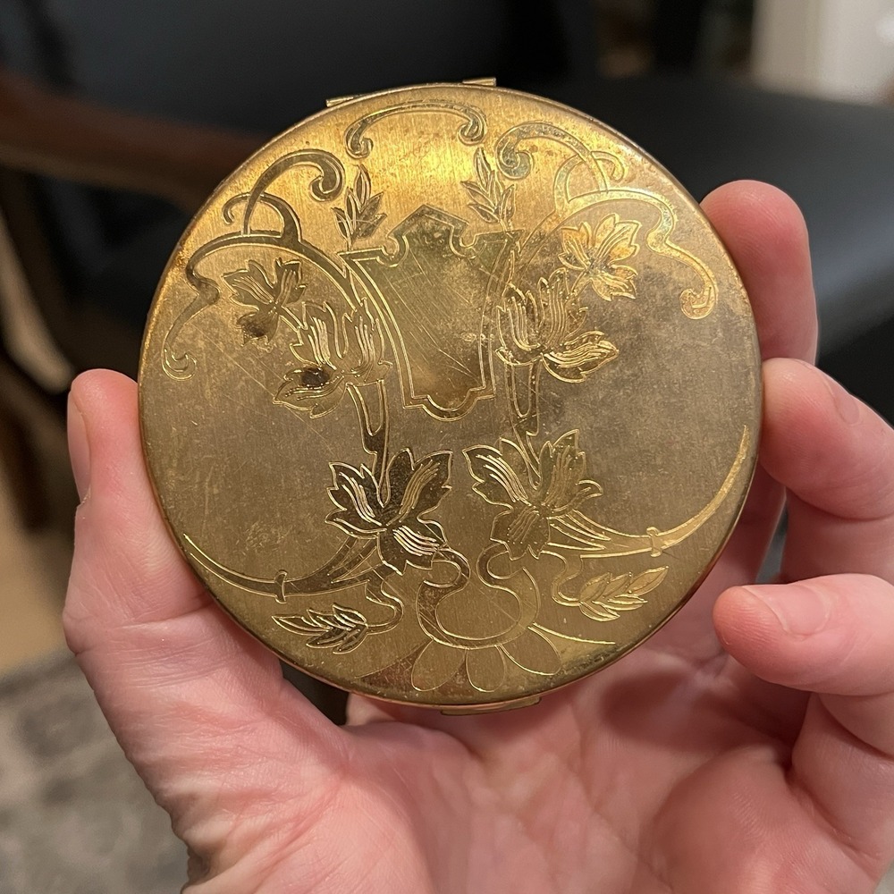 Elgin American Compact Mirror Case Gold Tone w/ Flowers 1940's Made USA Vintage‎